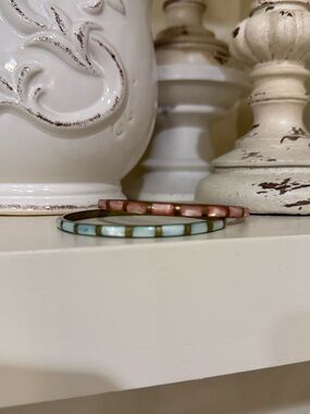 2 Dyed Mother of Pearl Inlaid Brass Bangles - Pink and Blue